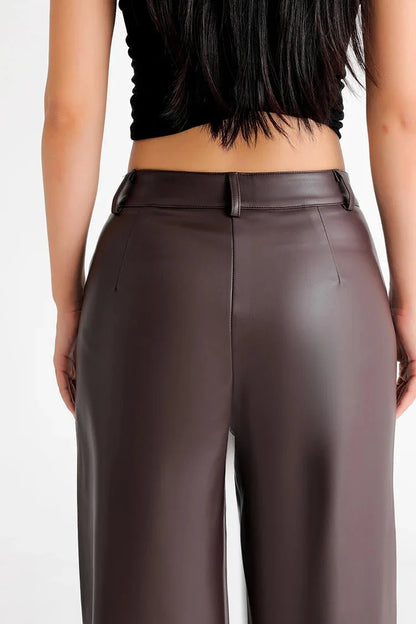 Fleece Lined Leather Pants featuring Straight Wide Leg and Zip Fly Front