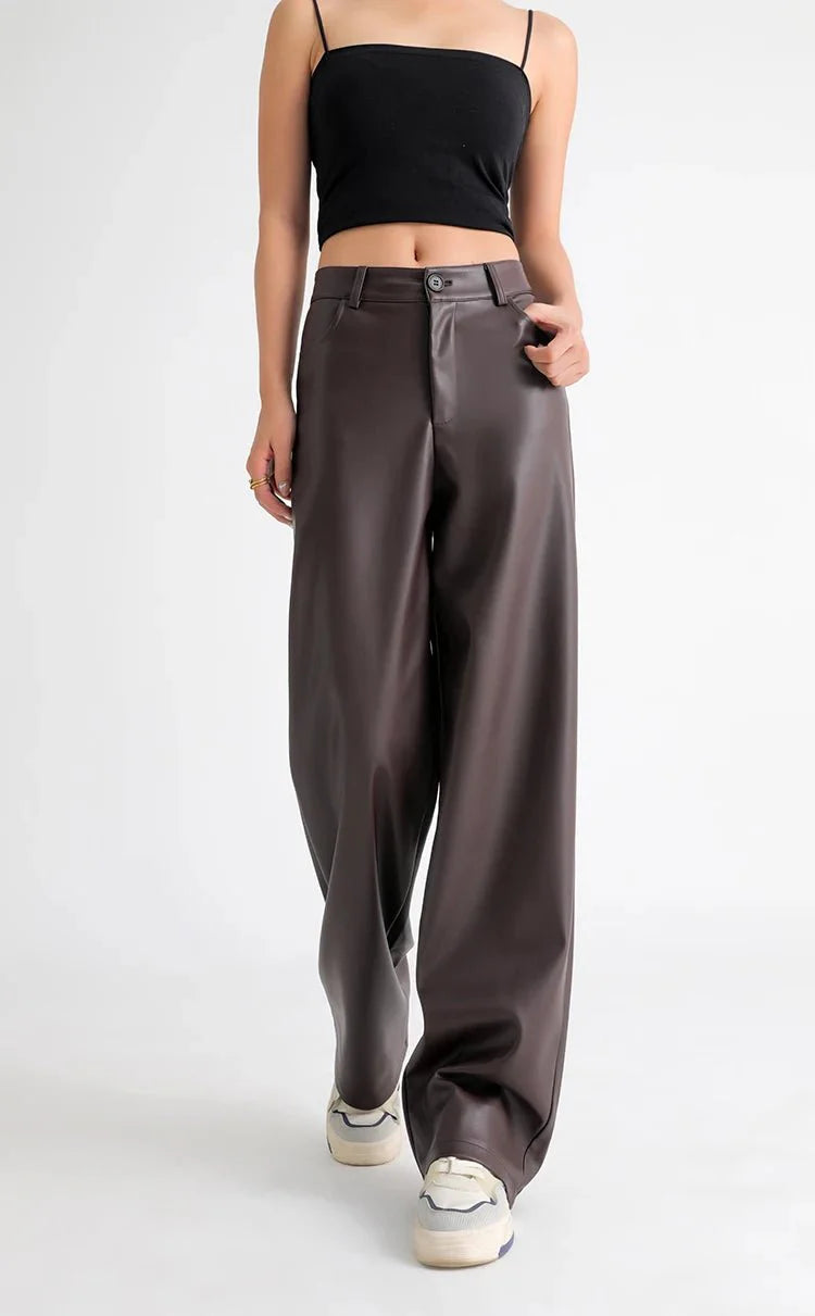 Fleece Lined Leather Pants featuring Straight Wide Leg and Zip Fly Front