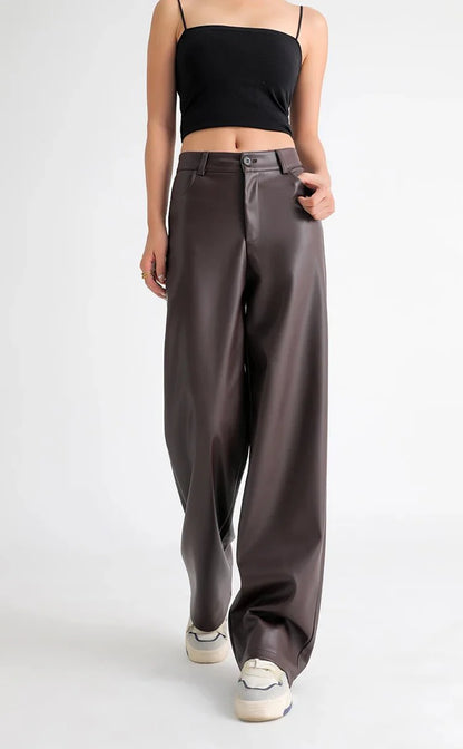 Fleece Lined Leather Pants featuring Straight Wide Leg and Zip Fly Front