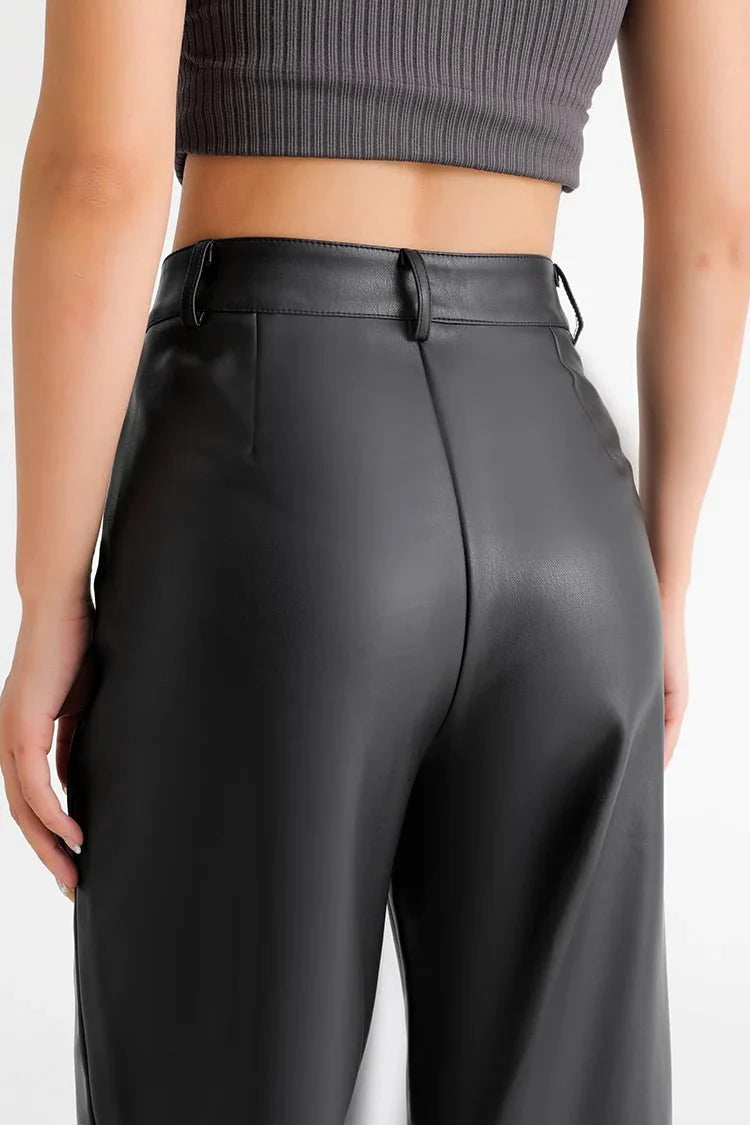 Fleece Lined Leather Pants featuring Straight Wide Leg and Zip Fly Front