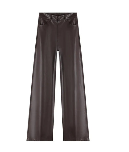 Fleece Lined Leather Pants featuring Straight Wide Leg and Zip Fly Front