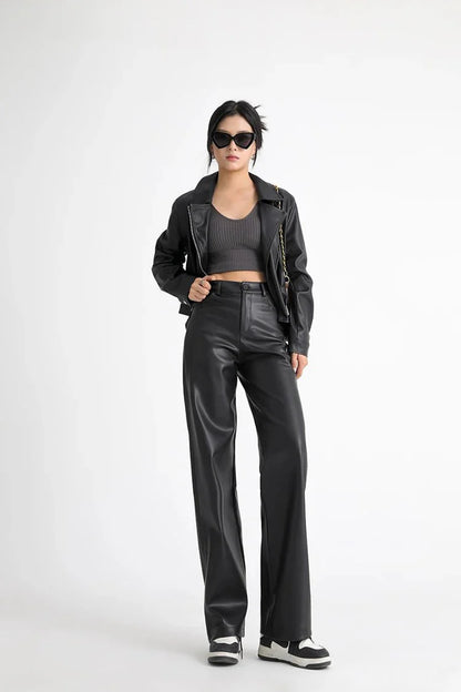 Fleece Lined Leather Pants featuring Straight Wide Leg and Zip Fly Front
