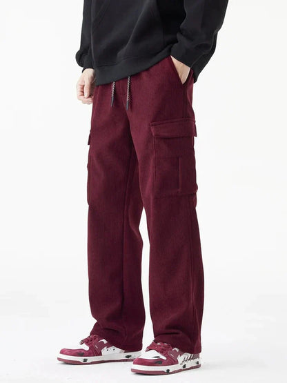 Fleece Lined Corduroy Cargo Pants with Elastic Drawstring Waist and Flap Pockets