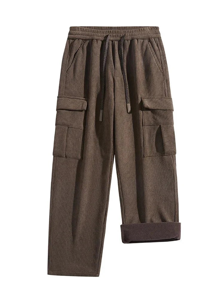 Fleece Lined Corduroy Cargo Pants with Elastic Drawstring Waist and Flap Pockets