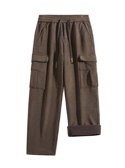 Fleece Lined Corduroy Cargo Pants with Elastic Drawstring Waist and Flap Pockets