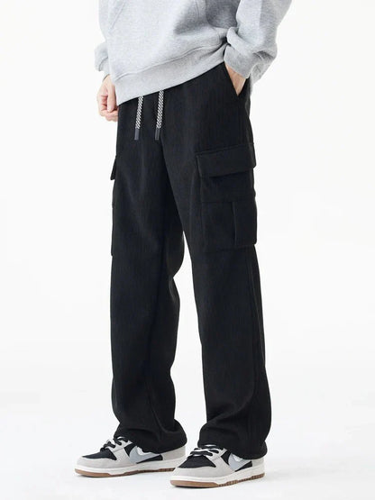 Fleece Lined Corduroy Cargo Pants with Elastic Drawstring Waist and Flap Pockets