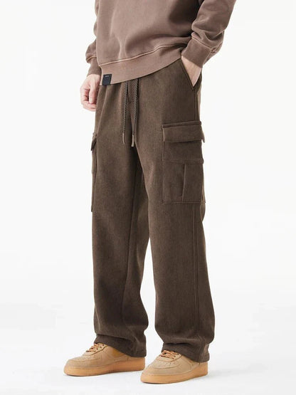 Fleece Lined Corduroy Cargo Pants with Elastic Drawstring Waist and Flap Pockets