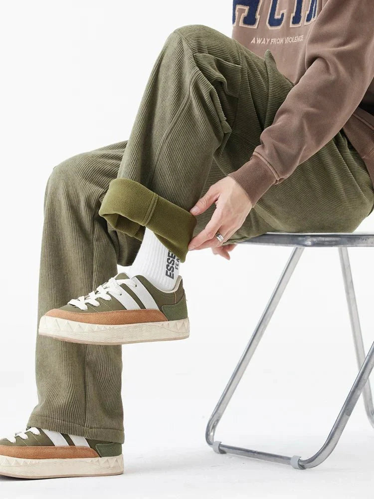 Fleece Lined Corduroy Cargo Pants with Elastic Drawstring Waist and Flap Pockets