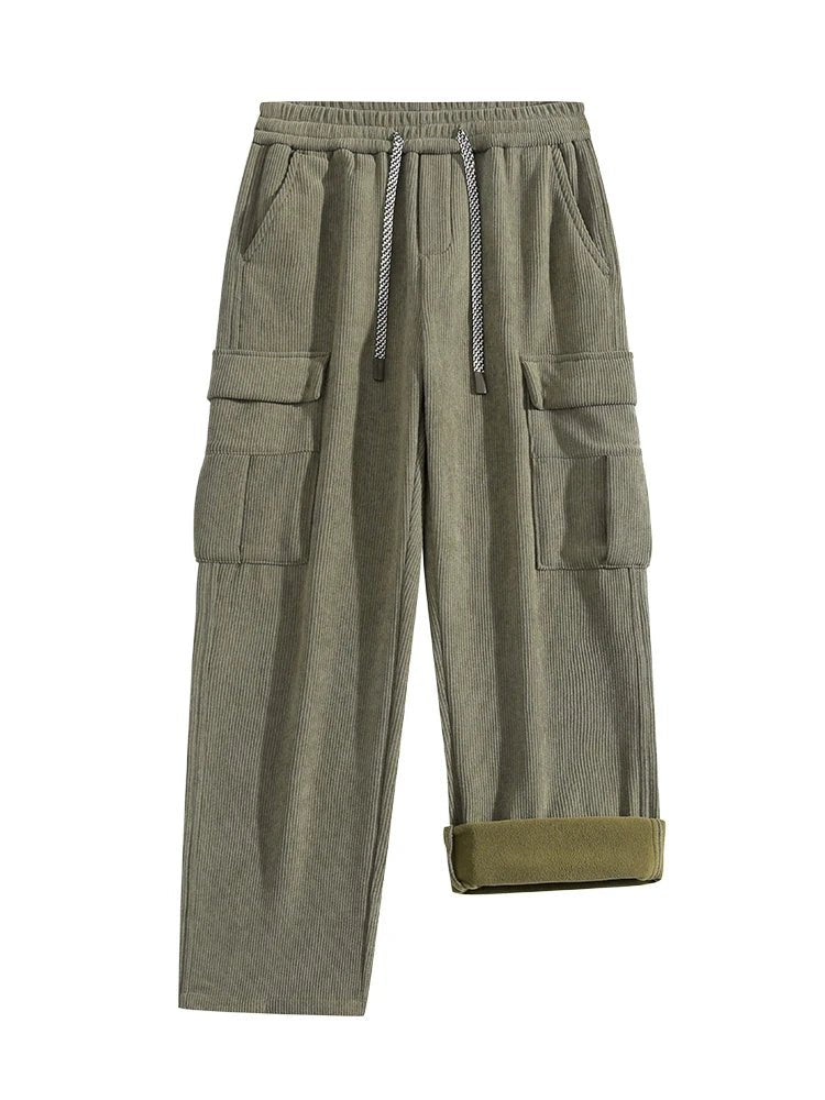 Fleece Lined Corduroy Cargo Pants with Elastic Drawstring Waist and Flap Pockets
