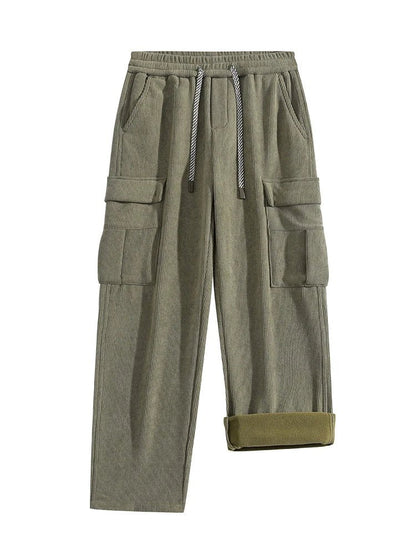 Fleece Lined Corduroy Cargo Pants with Elastic Drawstring Waist and Flap Pockets