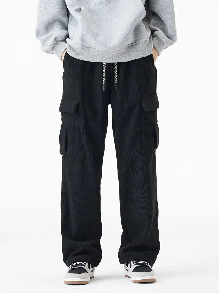 Fleece Lined Corduroy Cargo Pants with Elastic Drawstring Waist and Flap Pockets