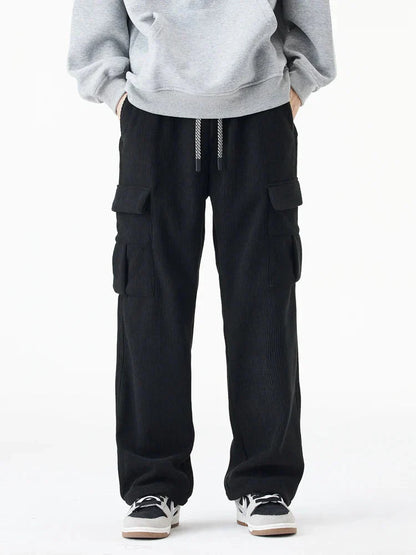 Fleece Lined Corduroy Cargo Pants with Elastic Drawstring Waist and Flap Pockets