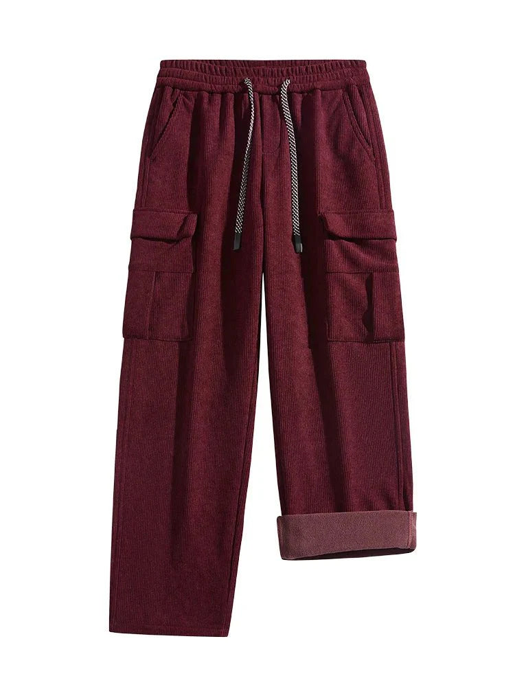 Fleece Lined Corduroy Cargo Pants with Elastic Drawstring Waist and Flap Pockets