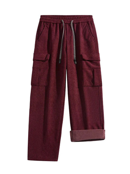 Fleece Lined Corduroy Cargo Pants with Elastic Drawstring Waist and Flap Pockets