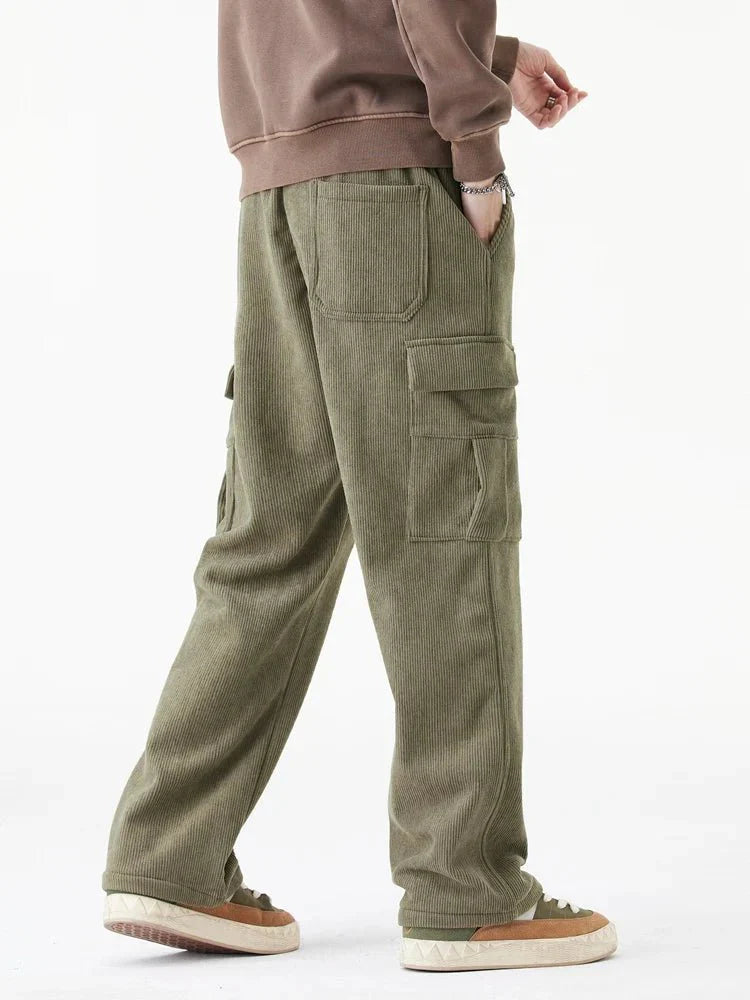 Fleece Lined Corduroy Cargo Pants with Elastic Drawstring Waist and Flap Pockets