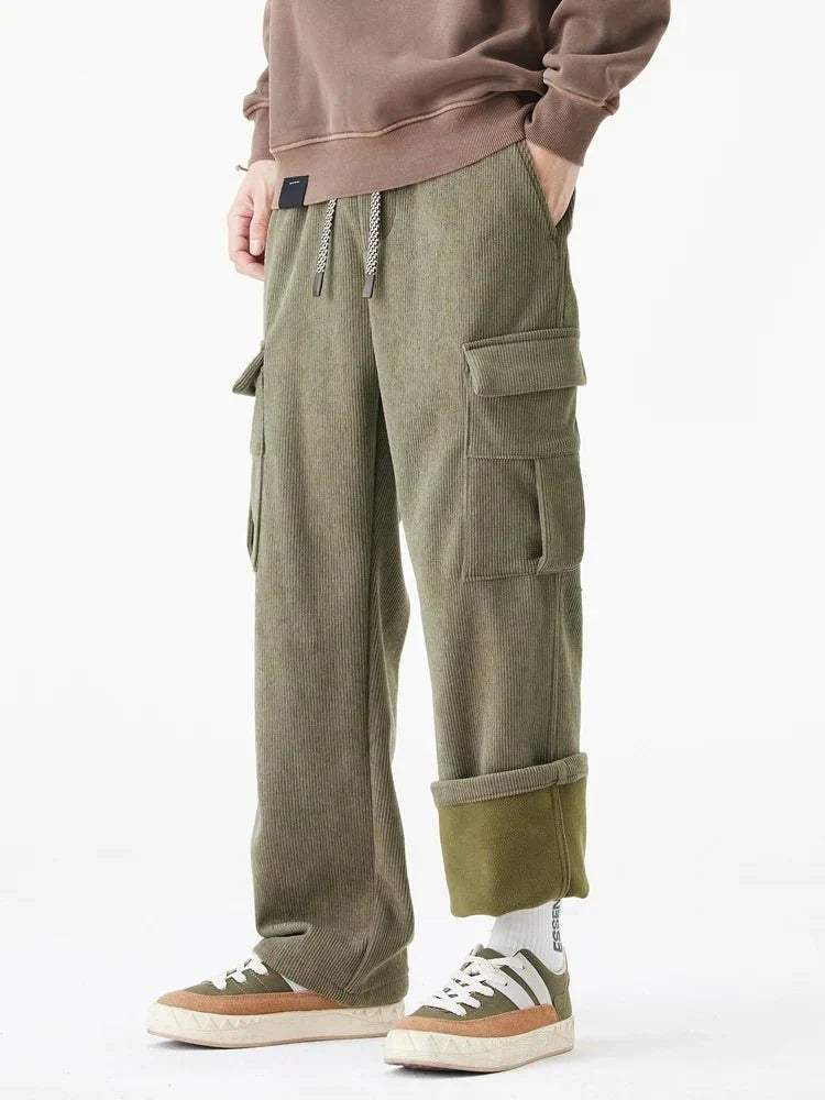 Fleece Lined Corduroy Cargo Pants with Elastic Drawstring Waist and Flap Pockets