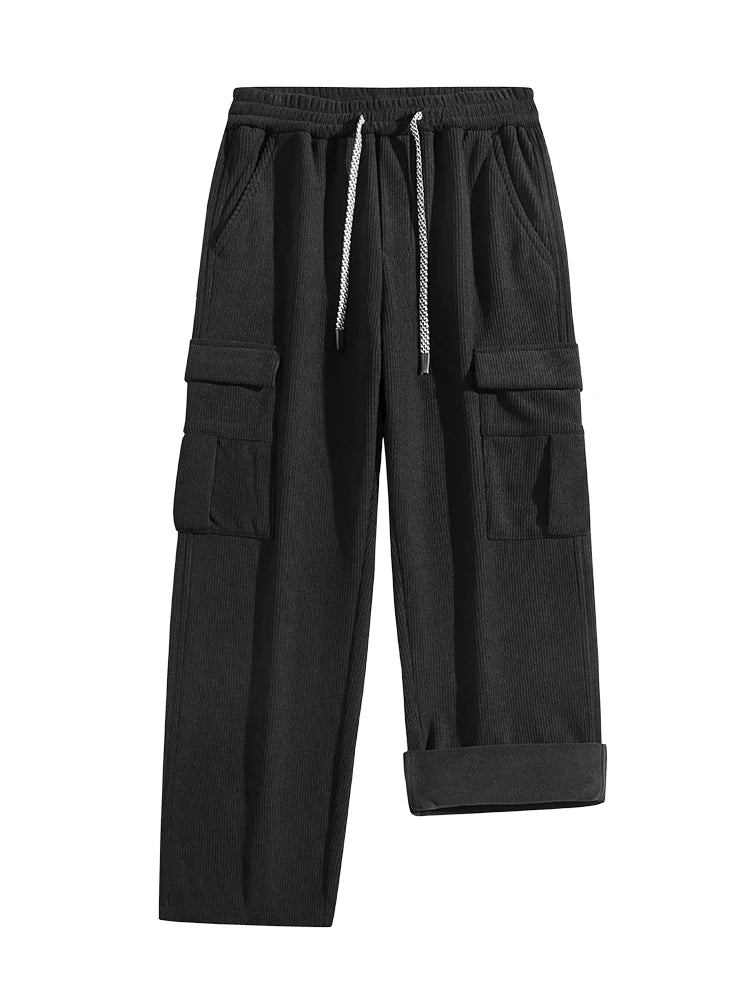Fleece Lined Corduroy Cargo Pants with Elastic Drawstring Waist and Flap Pockets