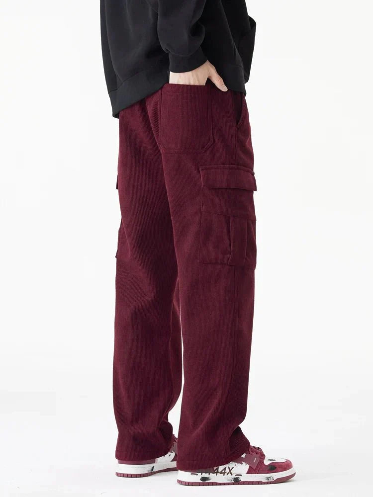 Fleece Lined Corduroy Cargo Pants with Elastic Drawstring Waist and Flap Pockets