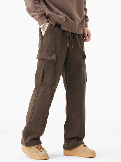 Fleece Lined Corduroy Cargo Pants with Elastic Drawstring Waist and Flap Pockets