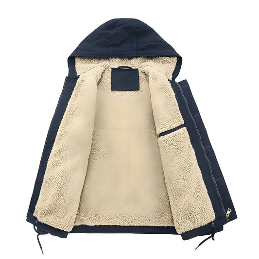Forest Cotton Jacket featuring Full Sherpa Lining Drawstring Hood and Zip Front
