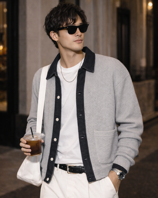 Nori Contrast Denim Knit Cardigan with Button Front and Denim Trim Collar