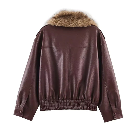 Monroe Fur Collar Aviator Jacket with Oversized Shearling Lapel and Elastic Hem