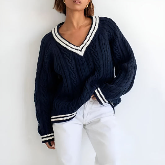 Ivy Oversized Cable Knit Cricket Deep V-Neck Sweater with Contrast Stripe Trim