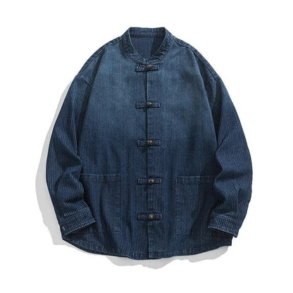 Jin Denim Overshirt featuring Mandarin Collar and Chinese Frog Button Closure