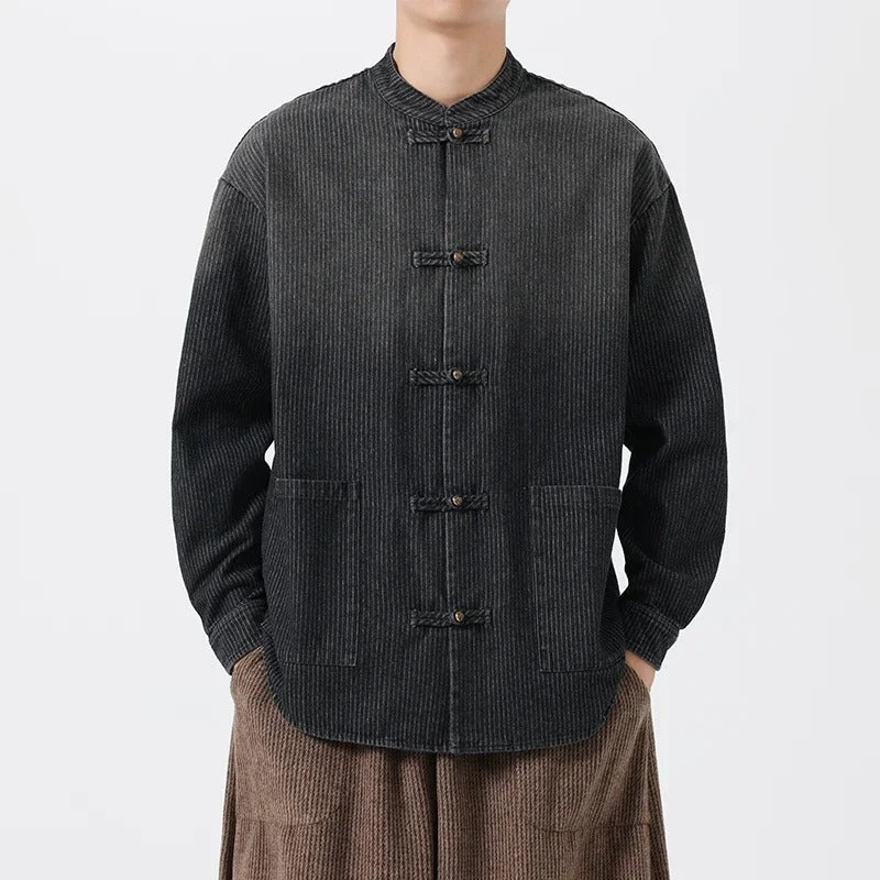 Jin Denim Overshirt featuring Mandarin Collar and Chinese Frog Button Closure