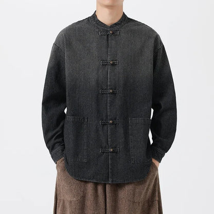 Jin Denim Overshirt featuring Mandarin Collar and Chinese Frog Button Closure