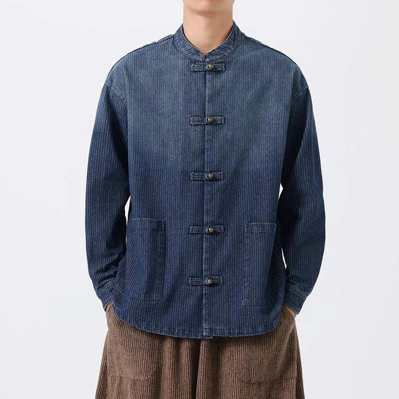 Jin Denim Overshirt featuring Mandarin Collar and Chinese Frog Button Closure
