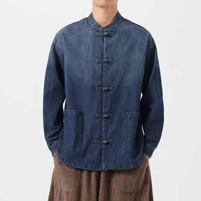 Jin Denim Overshirt featuring Mandarin Collar and Chinese Frog Button Closure