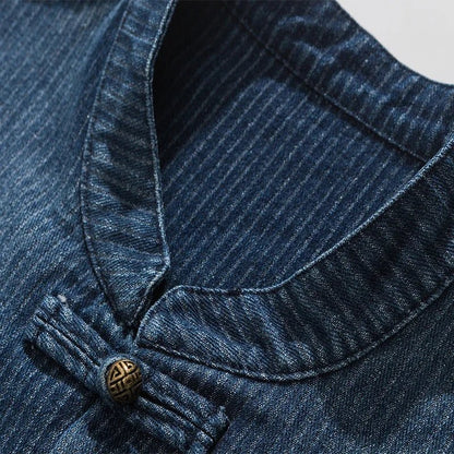 Jin Denim Overshirt featuring Mandarin Collar and Chinese Frog Button Closure
