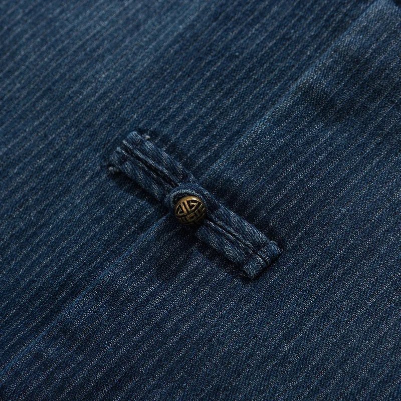 Jin Denim Overshirt featuring Mandarin Collar and Chinese Frog Button Closure