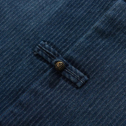 Jin Denim Overshirt featuring Mandarin Collar and Chinese Frog Button Closure