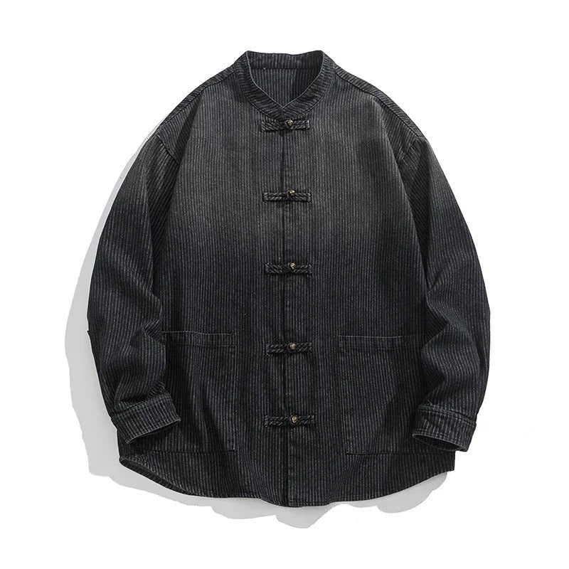Jin Denim Overshirt featuring Mandarin Collar and Chinese Frog Button Closure