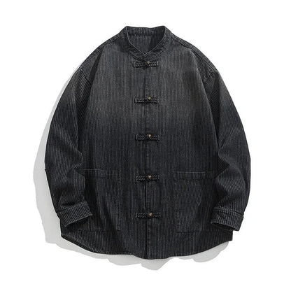 Jin Denim Overshirt featuring Mandarin Collar and Chinese Frog Button Closure