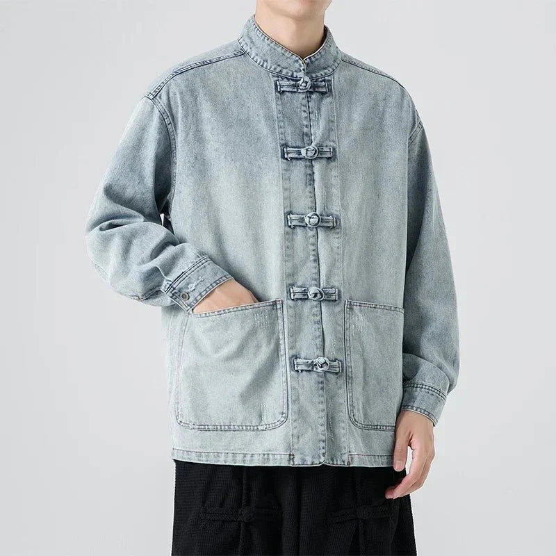 Kai Denim Overshirt with Mandarin Collar Frog Button Closure and Patch Pockets