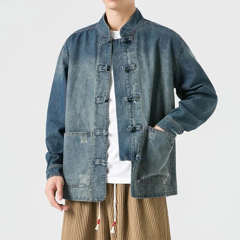 Kai Denim Overshirt with Mandarin Collar Frog Button Closure and Patch Pockets