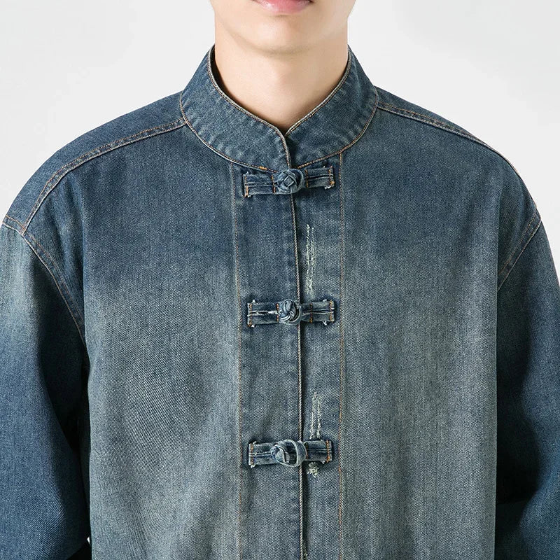 Kai Denim Overshirt with Mandarin Collar Frog Button Closure and Patch Pockets