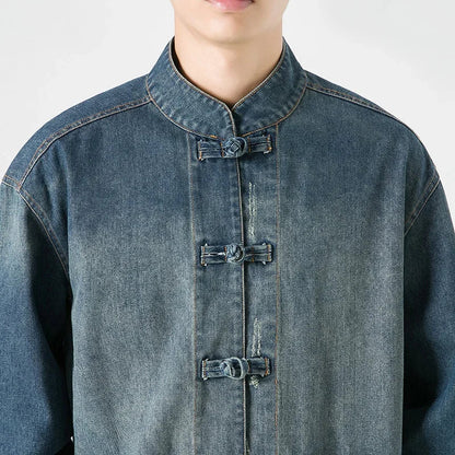 Kai Denim Overshirt with Mandarin Collar Frog Button Closure and Patch Pockets