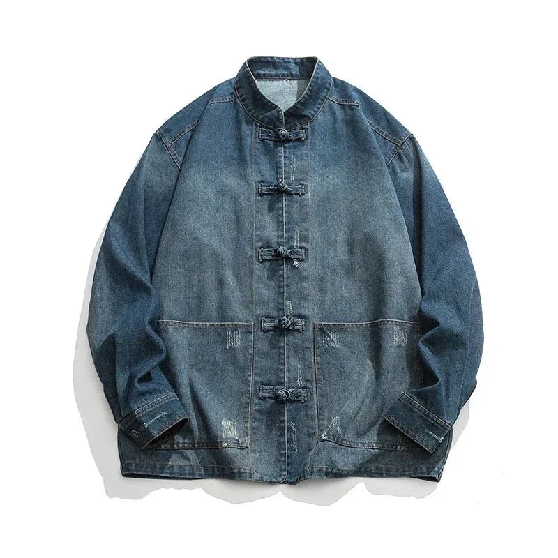 Kai Denim Overshirt with Mandarin Collar Frog Button Closure and Patch Pockets