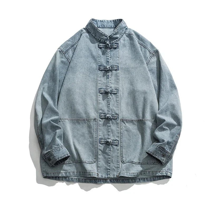 Kai Denim Overshirt with Mandarin Collar Frog Button Closure and Patch Pockets