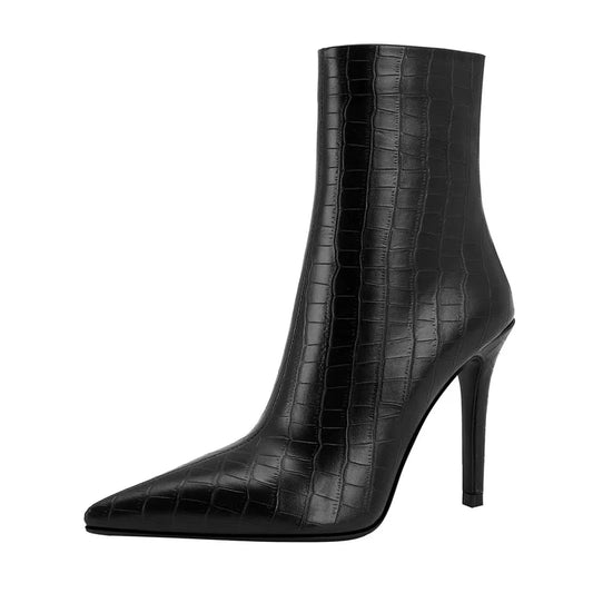 Katlyn Croc Embossed Pointed Toe Ankle Boot with Stiletto Heel and Side Zip