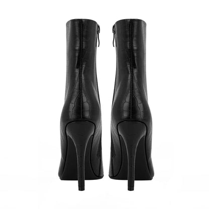 Katlyn Croc Embossed Pointed Toe Ankle Boot with Stiletto Heel and Side Zip