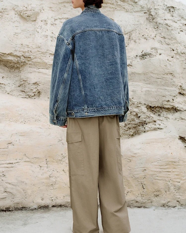Kimono Oversized Washed Denim Jacket with Deep V Neck and Front Tie Waist