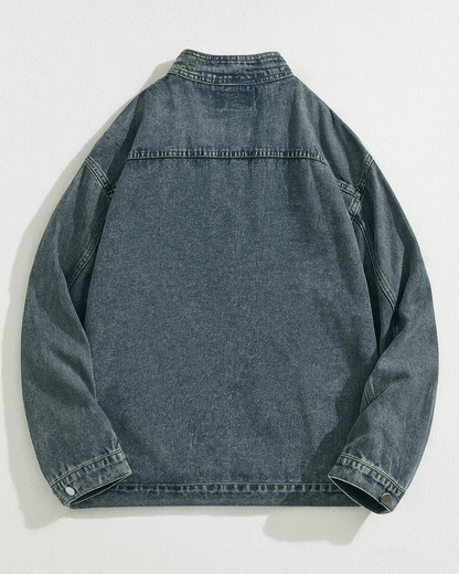 Kimono Oversized Washed Denim Jacket with Deep V Neck and Front Tie Waist
