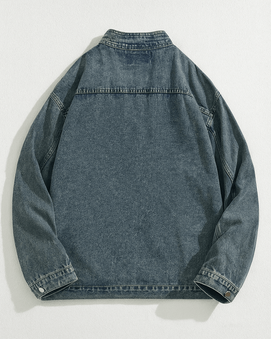 Kimono Oversized Washed Denim Jacket with Deep V Neck and Front Tie Waist