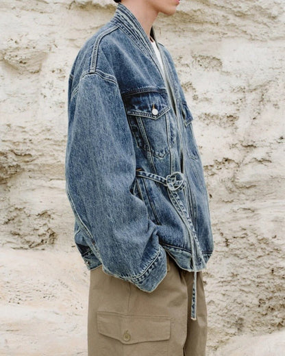 Kimono Oversized Washed Denim Jacket with Deep V Neck and Front Tie Waist