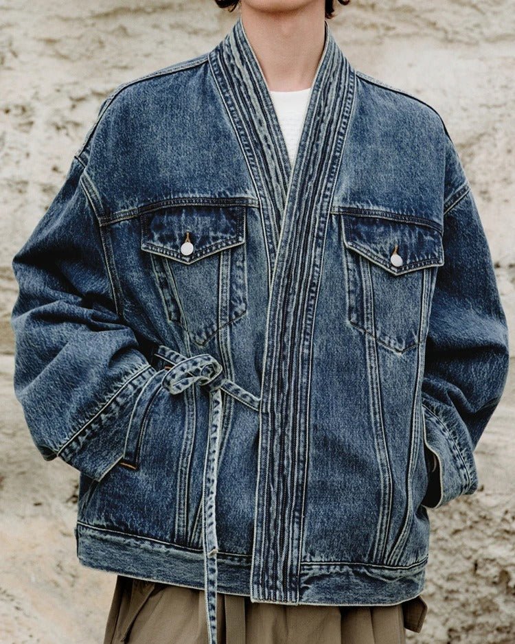 Kimono Oversized Washed Denim Jacket with Deep V Neck and Front Tie Waist